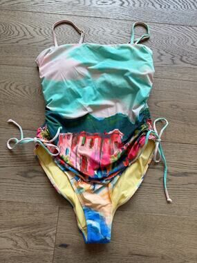 Primark Scenic Italian Coast Print Ruched One-Piece Swimsuit M